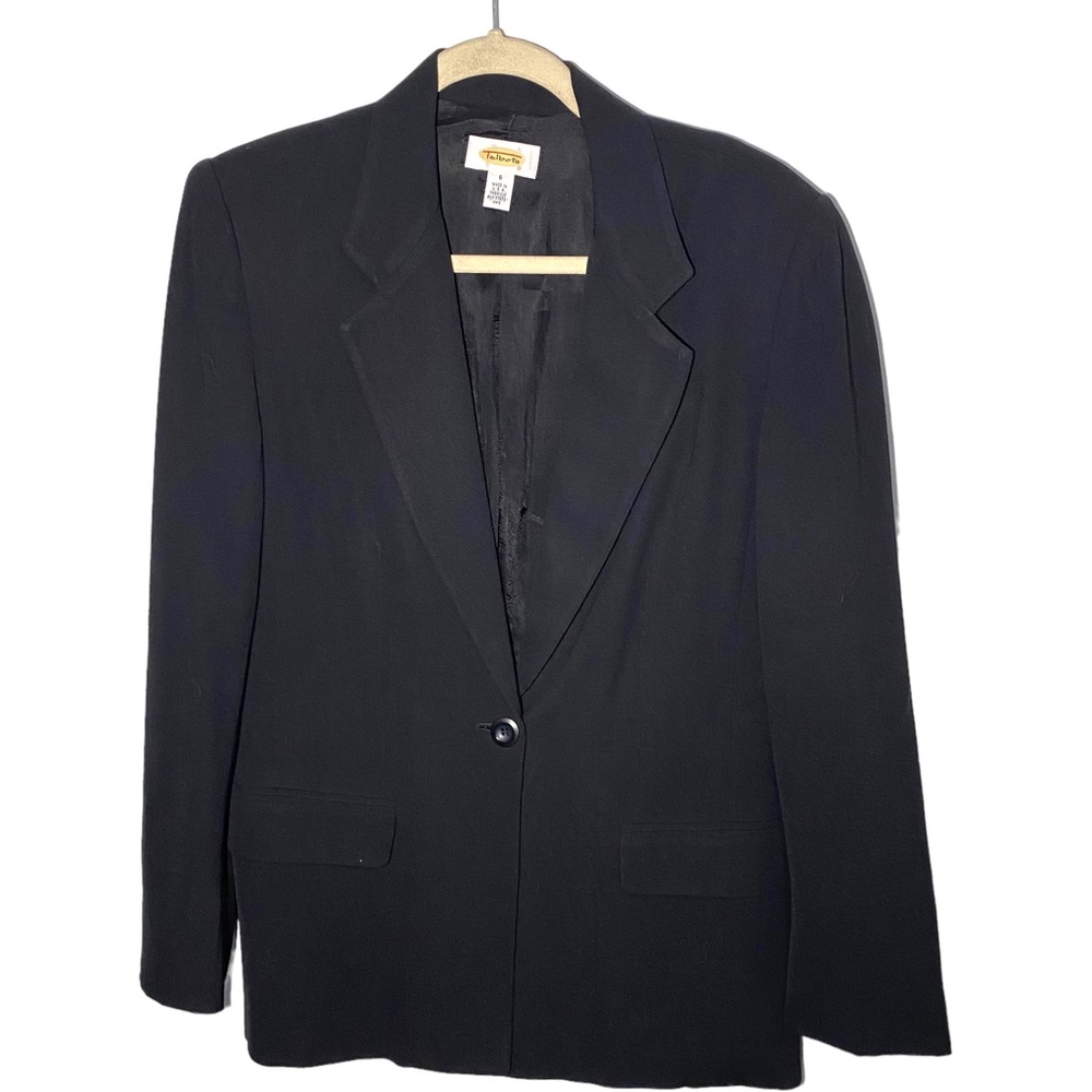 Talbots Women's Size 6 Black Blazer Longline‎ Shoulder Pads Single Button Wool